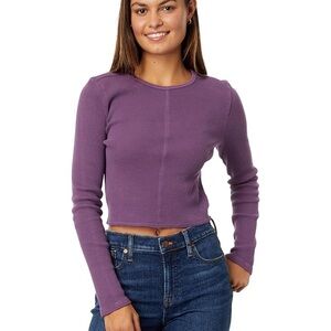 Purple Long Sleeve Cropped Waffle Top T-shirt